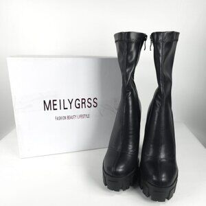 NWB MEILYGRSS Plattform Ankle Combat High Chunky Heels PU Zip Booties Size 6
